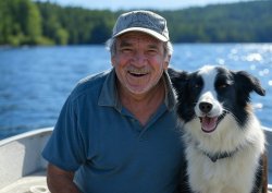 Old elderly man laughing fishing boat border collie dog Meme Template