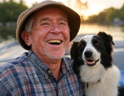 Old elderly man laughing fishing boat border collie dog Meme Template