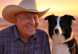 old elderly man laughing with dog cowboy hat sunset Meme Template