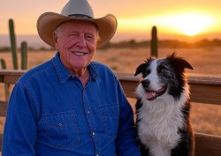 old elderly man laughing with dog cowboy hat sunset Meme Template
