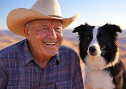 Old elderly man laughing dog Texas desert Meme Template