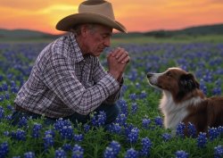 Old elderly cowboy praying field bluebonnets dog border collie Meme Template