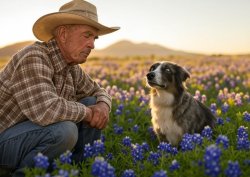 Old elderly cowboy praying field bluebonnets dog border collie Meme Template