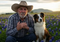 Old elderly cowboy praying field bluebonnets dog border collie Meme Template
