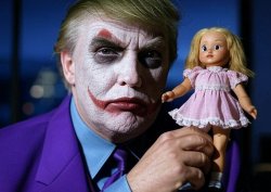 Donald Trump face painted like Joker with doll Meme Template