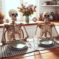 2 skeletons waiting at a kitchen table Meme Template