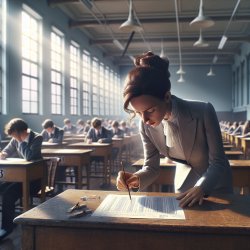 Invigilator in a gcse exam hall moving the piece of papr with ex Meme Template