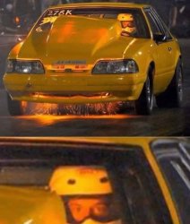 Yellow Mustang engine blowup with sparks flying Meme Template