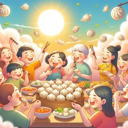 a lot of cute dumplings eaten by happy people in the sky, sun is Meme Template