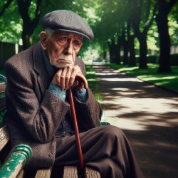 An elderly man sitting alone on a bench in the park, looking sad Meme Template
