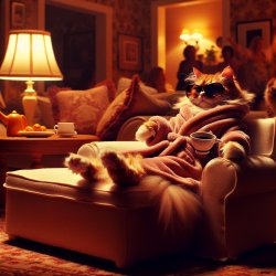 A cozy, warmly lit living room. In the center, a cat is lounging Meme Template