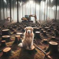 The dog sitting calmly in a forest where all the trees are stump Meme Template