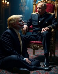 Donald Trump on floor next to Vladimir Putin on a throne Meme Template