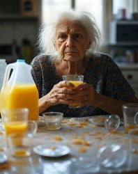 Top JPP old woman drinking orange juice at kitchen table Meme Template