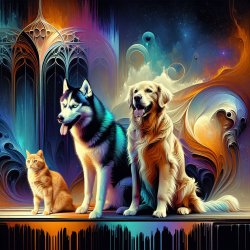 Husky, golden retriever and orange cat Meme Template