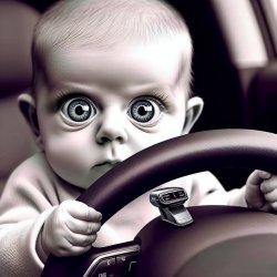 Baby with intense eyes holding steering wheel (from the “I’m bui Meme Template