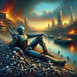 sitting atop a pile of signet bots in a city riverside with fire Meme Template