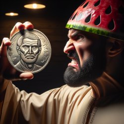 Watermelon man angry at face on coin Meme Template