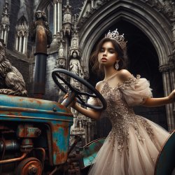 Beautiful little princess driving rickety old tractor Meme Template