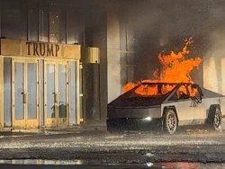 Trump burning Tesla Meme Template
