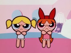 Bubbles and Blossom staring angrily at you Meme Template