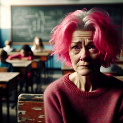 Adult with pink hair crying in class Meme Template