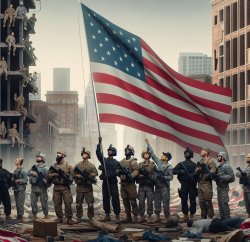 U.S. Marines raising American flag in riot-torn city. Meme Template