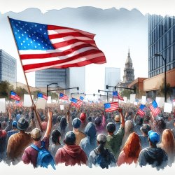Peaceful demonstration with American flags Meme Template