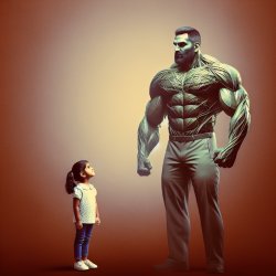 a big strong human with a small human staring at him Meme Template
