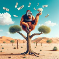 Bir orangutan çölde ağacın tepesinde elinde para sayarak gülüyor Meme Template