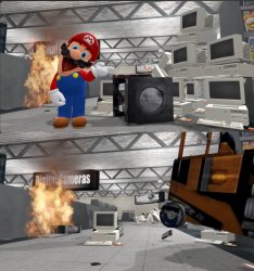Mario smashing computers with a forklift Meme Template