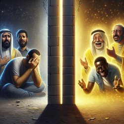 2 guys crying on one side of a wall and 2 happy other guys on an Meme Template