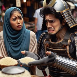 samurai holding rice looking cunfused why he cant pay with it Meme Template