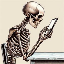 Human skeleton sitting at a desk holding a smart phone Meme Template