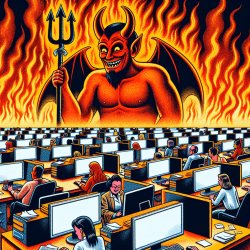 cartoon devil looking down upon workers at desks --> fiery helli Meme Template