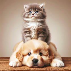 A cute, fluffy kitten calmly sitting on top of a gentle, happy-l Meme Template