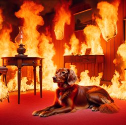 Dog in sitting burning room watching the flames Meme Template