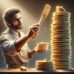 A stack of about 15 pancakes, neatly stacked by a man with a spa Meme Template
