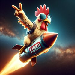 A cartoon chicken with sunglasses riding a rocket labeled "KUKU" Meme Template