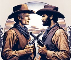 Two cowboys holding guns at each at the top and then at the bott Meme Template