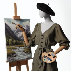A mannequin dressed up as an artist admiring his painting Meme Template