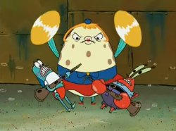 Mrs Puff slams Mr Krabs and Shark with tambourine Meme Template