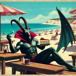 Baphomet sitting at a table in a beach bar, enjoying a nice slic Meme Template
