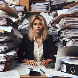blonde woman overwhelmed by files, folders, and documents on her Meme Template