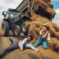 load of hay tips over on a blonde woman and an Indian man (from Meme Template