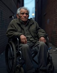 Elderly old man wheelchair alley homeless MAGA Meme Template
