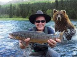 man catches fish in front of bear Meme Template