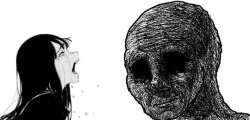 Babe screaming at withered wojak Meme Template