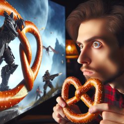 Gamer hungrily staring at a picture of a pretzel at his desk whi Meme Template