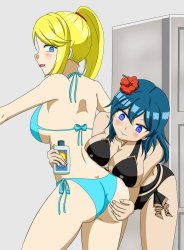 Byleth and Samus Applying Sunscreen Meme Template